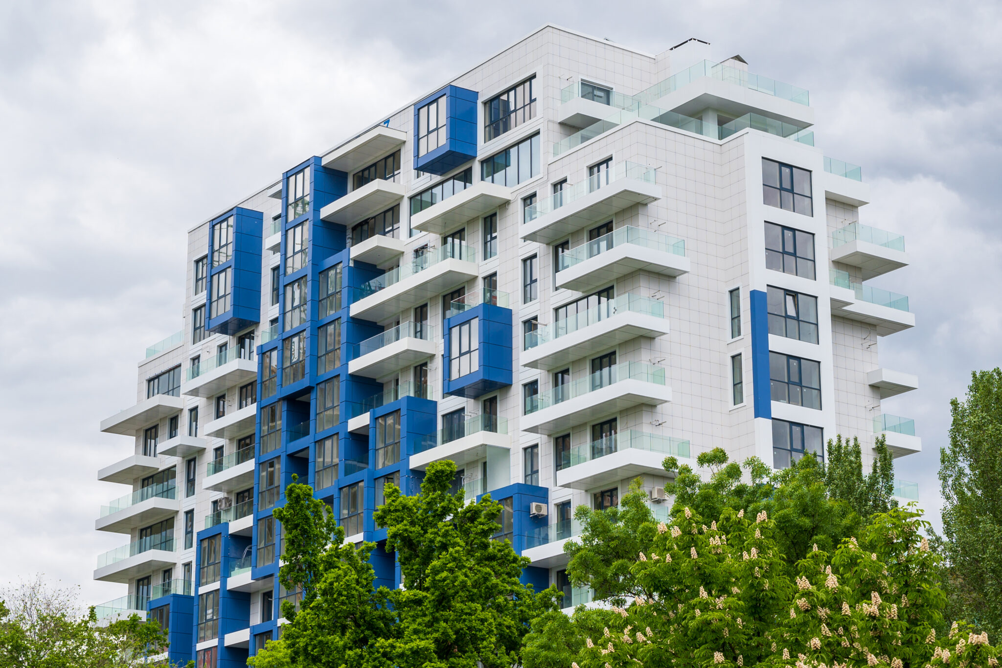 modern white and blue residential building, Chisinau, Moldova